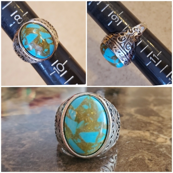 Faux Turquoise Silver Plated Ring Size 9, 10 - Picture 6 of 6